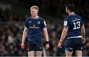 6 April 2024; Jamie Osborne, left, and Robbie Henshaw of Leinster during the Investec Champions Cup Round of 16 match between Leinster and Leicester Tigers at the Aviva Stadium in Dublin. Photo by Ramsey Cardy/Sportsfile