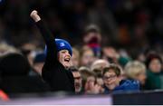 6 April 2024; A Leinster supporter during the Investec Champions Cup Round of 16 match between Leinster and Leicester Tigers at the Aviva Stadium in Dublin. Photo by Ramsey Cardy/Sportsfile