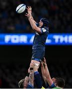 6 April 2024; Ryan Baird of Leinster wins possession in the lineout during the Investec Champions Cup Round of 16 match between Leinster and Leicester Tigers at the Aviva Stadium in Dublin. Photo by Ramsey Cardy/Sportsfile