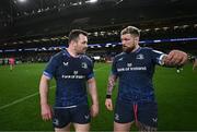 6 April 2024; Cian Healy, left, and Andrew Porter of Leinster after the Investec Champions Cup Round of 16 match between Leinster and Leicester Tigers at the Aviva Stadium in Dublin. Photo by Ramsey Cardy/Sportsfile