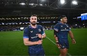 6 April 2024; Rónan Kelleher, left, and Michael Ala'alatoa of Leinster after the Investec Champions Cup Round of 16 match between Leinster and Leicester Tigers at the Aviva Stadium in Dublin. Photo by Ramsey Cardy/Sportsfile