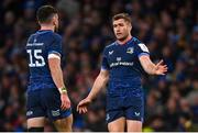 6 April 2024; Jordan Larmour, right, and Hugo Keenan of Leinster during the Investec Champions Cup Round of 16 match between Leinster and Leicester Tigers at the Aviva Stadium in Dublin. Photo by Tyler Miller/Sportsfile