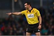 6 April 2024; Referee Pierre Brousset during the Investec Champions Cup Round of 16 match between Leinster and Leicester Tigers at the Aviva Stadium in Dublin. Photo by Tyler Miller/Sportsfile