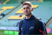 7 April 2024; Jack Crowley of Munster arrives before the Investec Champions Cup Round of 16 match between Northampton Saints and Munster at cinch Stadium at Franklin’s Gardens in Northampton, England. Photo by Brendan Moran/Sportsfile