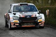 7 April 2024; Eddie Doh and Tom Murphy in their Skoda Fabia R5 during the Monaghan Stages Rally Round 2 of the Triton Showers National Rally Championship in Monaghan. Photo by Philip Fitzpatrick/Sportsfile