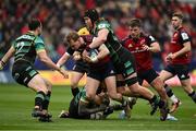 7 April 2024; Mike Haley of Munster is tackled by Alex Moon of Northampton Saints during the Investec Champions Cup Round of 16 match between Northampton Saints and Munster at cinch Stadium at Franklin’s Gardens in Northampton, England. Photo by Brendan Moran/Sportsfile
