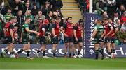 7 April 2024; Munster players react after Northampton scored their first try during the Investec Champions Cup Round of 16 match between Northampton Saints and Munster at cinch Stadium at Franklin’s Gardens in Northampton, England. Photo by Brendan Moran/Sportsfile