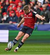 7 April 2024; Jack Crowley of Munster kicks a conversion during the Investec Champions Cup Round of 16 match between Northampton Saints and Munster at cinch Stadium at Franklin’s Gardens in Northampton, England. Photo by Brendan Moran/Sportsfile