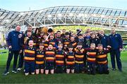 6 April 2024; The Skerries team with Leinster players Rhys Ruddock, Tommy O'Brien and Rob Russell and Leinster Mascot Leo the lion before the Investec Champions Cup Round of 16 match between Leinster and Leicester Tigers at the Aviva Stadium in Dublin. Photo by Tyler Miller/Sportsfile