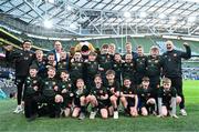 6 April 2024; The Birr team with Leinster players Rhys Ruddock, Tommy O'Brien and Rob Russell and Leinster Mascot Leo the lion before the Investec Champions Cup Round of 16 match between Leinster and Leicester Tigers at the Aviva Stadium in Dublin. Photo by Tyler Miller/Sportsfile