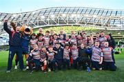 6 April 2024; The Mullingar team with Leinster players Rhys Ruddock, Tommy O'Brien and Rob Russell and Leinster Mascot Leo the lion before the Investec Champions Cup Round of 16 match between Leinster and Leicester Tigers at the Aviva Stadium in Dublin. Photo by Tyler Miller/Sportsfile