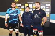 7 April 2024; Montpellier captain Paul Willemse, referee Ben Whitehouse and Ulster captain Iain Henderson at the coin toss before the Challenge Cup Round of 16 match between Montpellier and Ulster at GGL Stadium in Montpellier, France. Photo by John Dickson/Sportsfile
