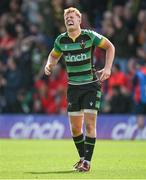 7 April 2024; Fin Smith of Northampton Saints reacts to an injury during the Investec Champions Cup Round of 16 match between Northampton Saints and Munster at cinch Stadium at Franklin’s Gardens in Northampton, England. Photo by Brendan Moran/Sportsfile