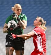 7 April 2024; Kildare goalkeeper Mary Hulgraine in action against Aoife Horisk of Tyrone during the Lidl LGFA National League Division 2 final match between Kildare and Tyrone at Croke Park in Dublin. Photo by Piaras Ó Mídheach/Sportsfile