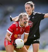 7 April 2024; Emma Conroy of Tyrone in action against Trina Duggan of Kildare during the Lidl LGFA National League Division 2 final match between Kildare and Tyrone at Croke Park in Dublin. Photo by Piaras Ó Mídheach/Sportsfile
