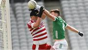 7 April 2024; Tommy Childs of Limerick in action against Cork goalkeeper Christopher Kelly during the Munster GAA Football Senior Championship quarter-final match between Cork and Limerick at SuperValu Páirc Ui Chaoimh in Cork. Photo by Tom Beary/Sportsfile