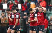 7 April 2024; Munster players, from right, Seán O’Brien, Antoine Frisch, Conor Murray and Joey Carbery after the Investec Champions Cup Round of 16 match between Northampton Saints and Munster at cinch Stadium at Franklin’s Gardens in Northampton, England. Photo by Brendan Moran/Sportsfile