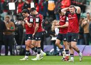7 April 2024; Munster players, from right, Seán O’Brien, Antoine Frisch, Conor Murray and Joey Carbery after the Investec Champions Cup Round of 16 match between Northampton Saints and Munster at cinch Stadium at Franklin’s Gardens in Northampton, England. Photo by Brendan Moran/Sportsfile