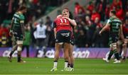 7 April 2024; Craig Casey of Munster consoles teammate Simon Zebo after the Investec Champions Cup Round of 16 match between Northampton Saints and Munster at cinch Stadium at Franklin’s Gardens in Northampton, England. Photo by Brendan Moran/Sportsfile