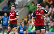 7 April 2024; Joey Carbery, right, and Jack Crowley of Munster during the Investec Champions Cup Round of 16 match between Northampton Saints and Munster at cinch Stadium at Franklin’s Gardens in Northampton, England. Photo by Brendan Moran/Sportsfile