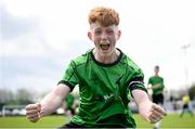 7 April 2024; Ciarán Gilmore of Peamount United celebrates his side's first goal, scored by teammate Isaac Millington, not pictured, during the FAI Under 17 Cup final match between Malahide United and Peamount United at Whitehall Stadium in Dublin. Photo by Seb Daly/Sportsfile