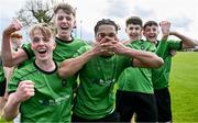 7 April 2024; Isaac Millington of Peamount United, centre, celebrates with teammates after scoring their side's first goal during the FAI Under 17 Cup final match between Malahide United and Peamount United at Whitehall Stadium in Dublin. Photo by Seb Daly/Sportsfile