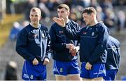 7 April 2024; Monaghan players, from left, Jack McCarron, Micheál McCarville and Conor McManus before the Ulster GAA Football Senior Championship preliminary round match between Monaghan and Cavan at St Tiernach's Park in Clones, Monaghan. Photo by Ramsey Cardy/Sportsfile