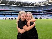 7 April 2024; Kildare players Ellen Dowling, left, and Róisín Byrne celebrate after their side's victory in the Lidl LGFA National League Division 2 final match between Kildare and Tyrone at Croke Park in Dublin. Photo by Piaras Ó Mídheach/Sportsfile