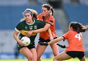 7 April 2024; Emma Dineen of Kerry in action against Dearbhla Coleman and Róisín Mulligan of Armagh during the Lidl LGFA National League Division 1 final match between Armagh and Kerry at Croke Park in Dublin. Photo by Piaras Ó Mídheach/Sportsfile