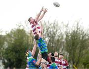 7 April 2024; Martin Cole of Tullow RFC takes the ball in the lineout against Isaac Porter of Gorey RFC during the Bank of Ireland Provincial Towns Cup semi-final match between Gorey and Tullow at Enniscorthy RFC in Wexford. Photo by Matt Browne/Sportsfile