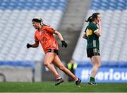 7 April 2024; Niamh Coleman of Armagh celebrates after scoring her side's first goal during the Lidl LGFA National League Division 1 final match between Armagh and Kerry at Croke Park in Dublin. Photo by Stephen Marken/Sportsfile