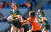 7 April 2024; Lorraine Scanlon of Kerry in action against Róisín Mulligan of Armagh, 4, during the Lidl LGFA National League Division 1 final match between Armagh and Kerry at Croke Park in Dublin. Photo by Piaras Ó Mídheach/Sportsfile