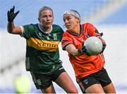 7 April 2024; Lauren McConville of Armagh in action against Deirdre Kearney of Kerry during the Lidl LGFA National League Division 1 final match between Armagh and Kerry at Croke Park in Dublin. Photo by Stephen Marken/Sportsfile