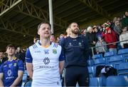 7 April 2024; Mark Jackson, right, and Cathal Fitzgerald of Wicklow during the national anthem before the Leinster GAA Football Senior Championship Round 1 match between Westmeath and Wicklow at Laois Hire O’Moore Park in Portlaoise, Laois. Photo by David Fitzgerald/Sportsfile