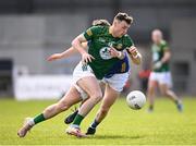7 April 2024; Jordan Morris of Meath in action against Bryan Masterson of Longford during the Leinster GAA Football Senior Championship Round 1 match between Longford and Meath at Glennon Brothers Pearse Park in Longford. Photo by Ray McManus/Sportsfile