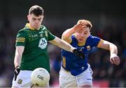 7 April 2024; Eoghan Frayne of Meath in action against Ryan Moffett of Longford during the Leinster GAA Football Senior Championship Round 1 match between Longford and Meath at Glennon Brothers Pearse Park in Longford. Photo by Ray McManus/Sportsfile
