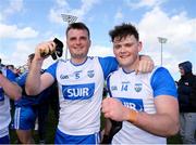 7 April 2024; Waterford players, from left, Billy O'Keeffe, and Tom O'Connell celebrate after their side's victory in the Munster GAA Football Senior Championship quarter-final match between Waterford and Tipperary at Fraher Field in Dungarvan, Waterford. Photo by Michael P Ryan/SportsfilePresident of Ireland Michael D Higgins