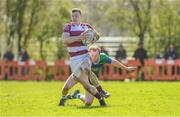 7 April 2024; Jack Hanlon of Tullow RFC in action against Gorey RFC during the Bank of Ireland Provincial Towns Cup semi-final match between Gorey and Tullow at Enniscorthy RFC in Wexford. Photo by Matt Browne/Sportsfile