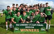 7 April 2024; Peamount United players celebrate with the trophy after their side's victory in the FAI Under 17 Cup final match between Malahide United and Peamount United at Whitehall Stadium in Dublin. Photo by Seb Daly/Sportsfile