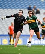 7 April 2024; Armagh goalkeeper Anna Carr in action against Mary O'Connell of Kerry during the Lidl LGFA National League Division 1 final match between Armagh and Kerry at Croke Park in Dublin. Photo by Stephen Marken/Sportsfile