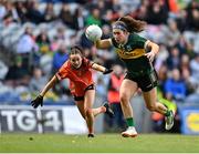 7 April 2024; Emma Dineen of Kerry in action against Roisin Mulligan of Armagh during the Lidl LGFA National League Division 1 final match between Armagh and Kerry at Croke Park in Dublin. Photo by Stephen Marken/Sportsfile