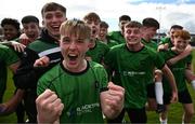 7 April 2024; Fionnán Galvin of Peamount United, centre, and teammates celebrate after their side's victory in the FAI Under 17 Cup final match between Malahide United and Peamount United at Whitehall Stadium in Dublin. Photo by Seb Daly/Sportsfile
