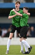 7 April 2024; Peamount United players Murrough McMahon, left, and Seán Cummins celebrate at the final whistle after their side's victory in the FAI Under 17 Cup final match between Malahide United and Peamount United at Whitehall Stadium in Dublin. Photo by Seb Daly/Sportsfile