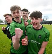 7 April 2024; Peamount United players Conor Quinn, left, and Patrick Small celebrate after their side's victory in the FAI Under 17 Cup final match between Malahide United and Peamount United at Whitehall Stadium in Dublin. Photo by Seb Daly/Sportsfile