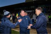 7 April 2024; Tipperary manager Paul Kelly, left, shakes hands with Waterford manager Paul Shankey after the Munster GAA Football Senior Championship quarter-final match between Waterford and Tipperary at Fraher Field in Dungarvan, Waterford. Photo by Michael P Ryan/Sportsfile
