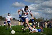 7 April 2024; Darren Hughes of Monaghan in action against Oisin Brady of Cavan during the Ulster GAA Football Senior Championship preliminary round match between Monaghan and Cavan at St Tiernach's Park in Clones, Monaghan. Photo by Ramsey Cardy/Sportsfile