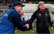 7 April 2024; Limerick manager Jimmy Lee shakes hands with Cork manager John Cleary after the Munster GAA Football Senior Championship quarter-final match between Cork and Limerick at SuperValu Páirc Ui Chaoimh in Cork. Photo by Tom Beary/Sportsfile