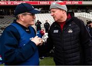 7 April 2024; Cork manager John Cleary in conversation with Limerick manager Jimmy Lee after the Munster GAA Football Senior Championship quarter-final match between Cork and Limerick at SuperValu Páirc Ui Chaoimh in Cork. Photo by Tom Beary/Sportsfile