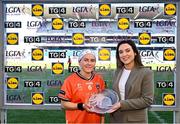 7 April 2024; Lauren McConville of Armagh is presented with the Player of the Match award by Christine McIntyre, Senior Partnerships & Events Manager, Lidl Ireland and Northern Ireland after the Lidl LGFA National League Division 1 final match between Armagh and Kerry at Croke Park in Dublin. Photo by Piaras Ó Mídheach/Sportsfile
