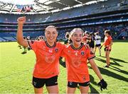 7 April 2024; Armagh players Megan McCann, left, and Róisín Mulligan celebrate after their side's victory in the Lidl LGFA National League Division 1 final match between Armagh and Kerry at Croke Park in Dublin. Photo by Piaras Ó Mídheach/Sportsfile